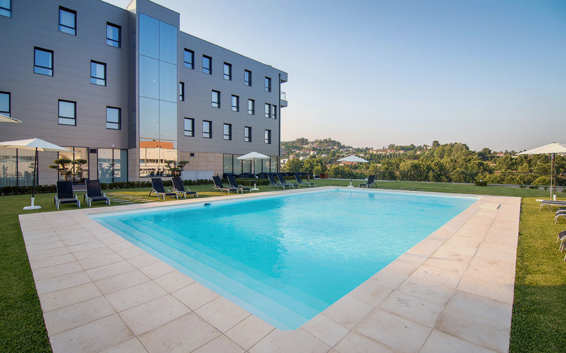 una piscina rodeada de sillas y sombrillas y una palmera