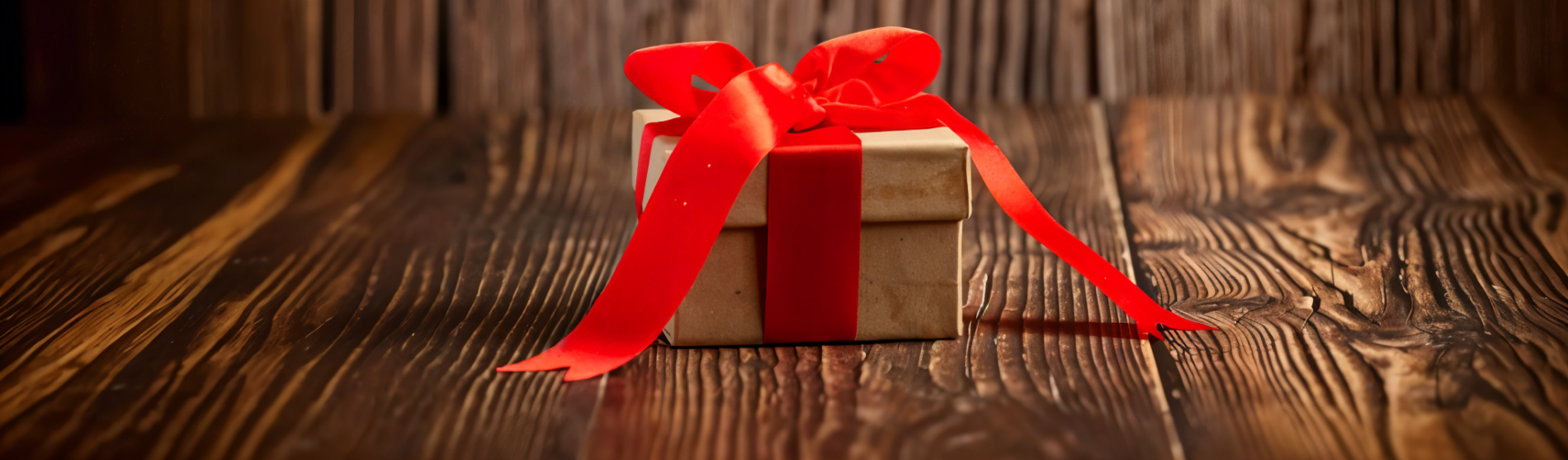 uma caixa de presente com uma fita vermelha sobre uma mesa de madeira