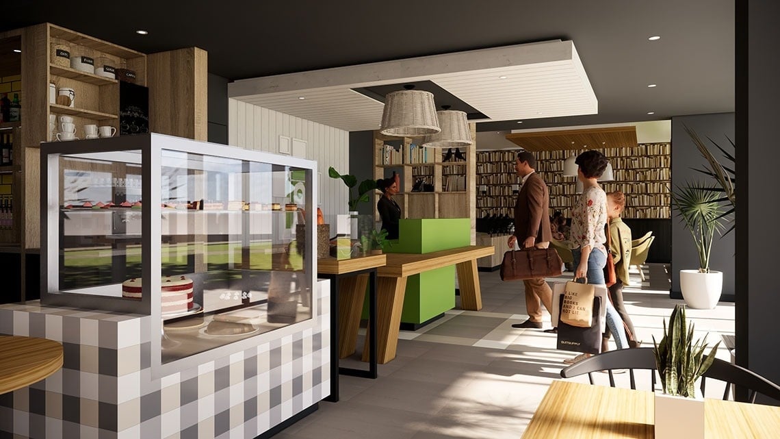 Modern cafe interior at Flag Hotel Caldas da Rainha with display cases and seating areas.