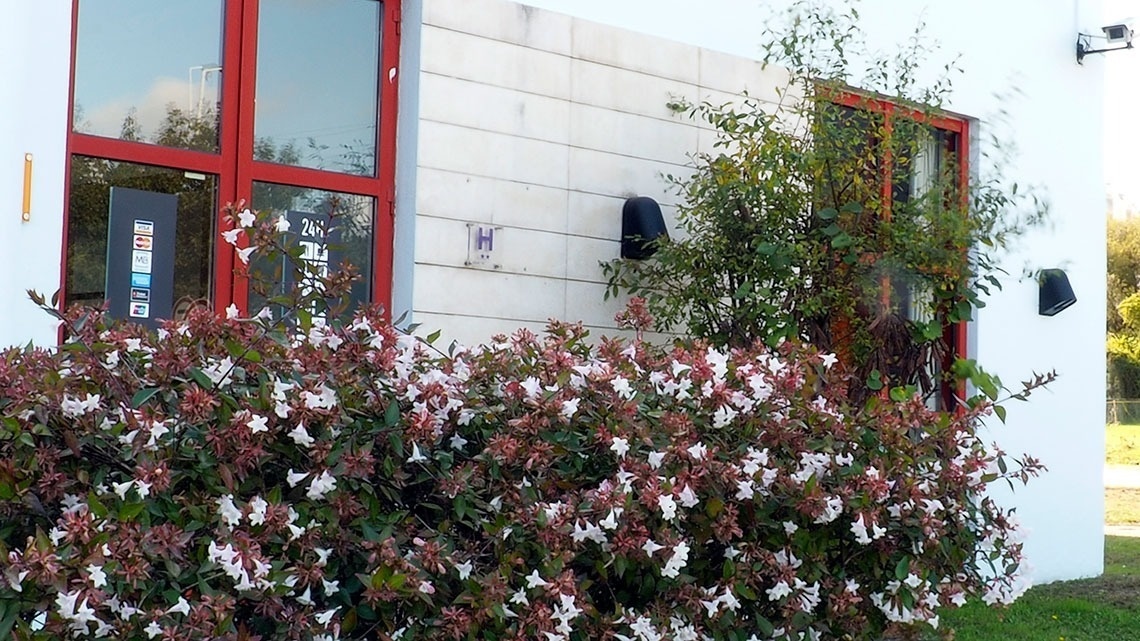 Fachada do Flag Hotel Porto-Maia com flores em primeiro plano.
