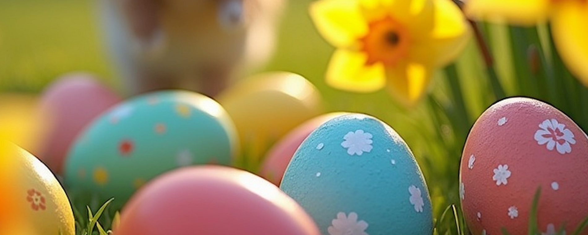 A blurry bunny stands in a field among vibrant yellow daffodils and colorful decorated Easter eggs nestled in green grass.
