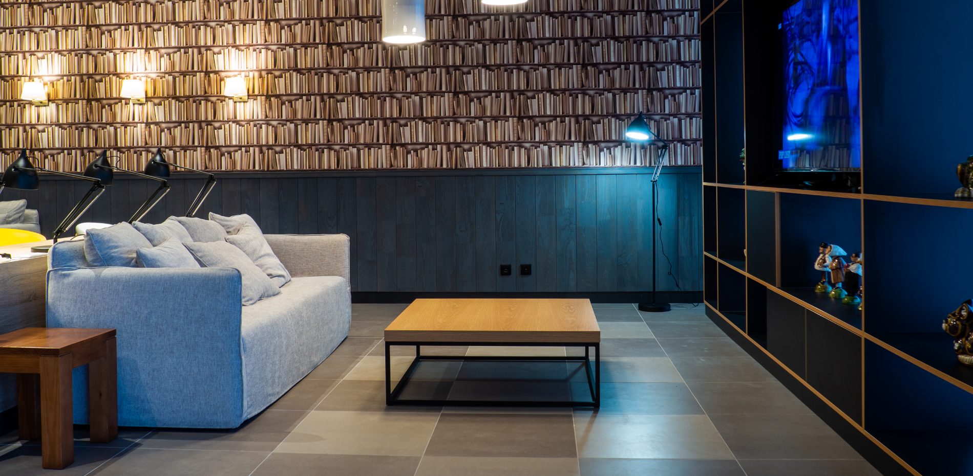 a living room with a couch and a coffee table