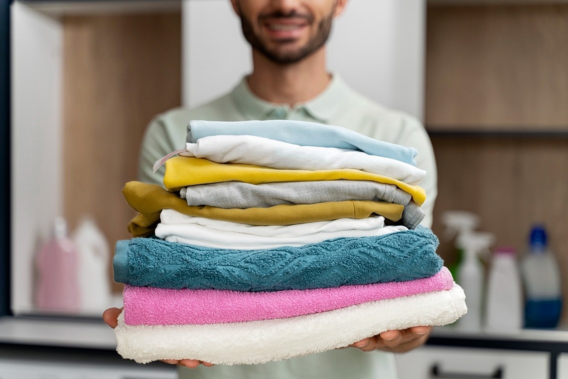 a man is holding a pile of clothes in his hands