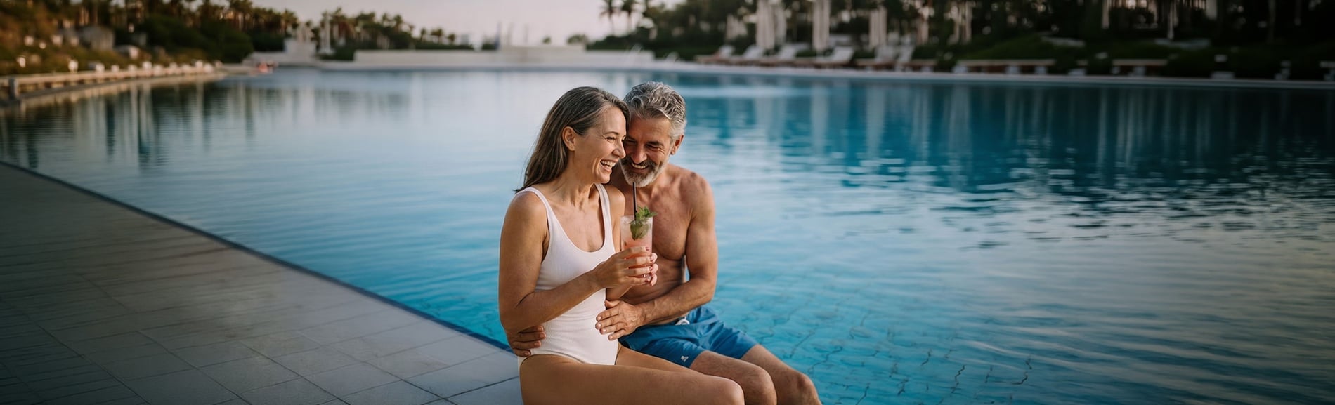 Couple laughing by pool with a refreshing cocktail flash.