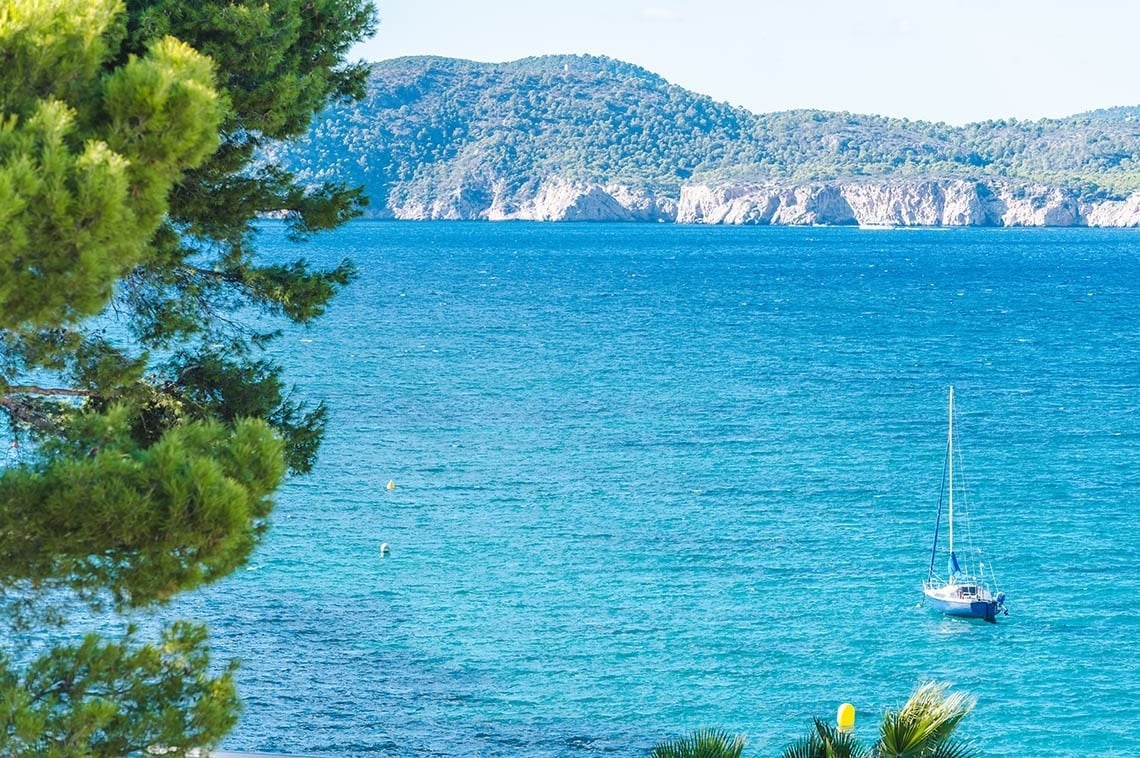 A blue sailboat floats on a clear turquoise sea, backed by forested hills and rocky cliffs, and framed by green foliage on the left and bottom right.