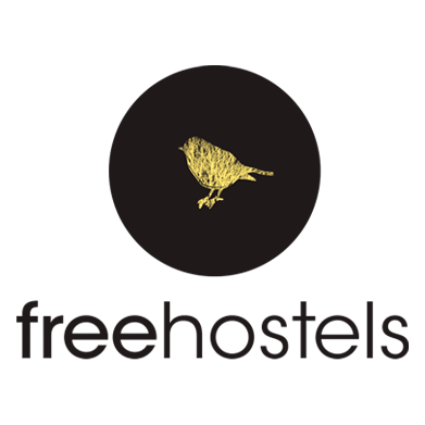 a logo for free hostels with a bird in a circle