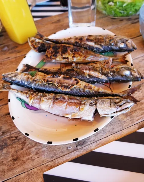 Peixe grelhado é servido em um prato sobre uma mesa de madeira, com bebidas e uma salada desfocados ao fundo.