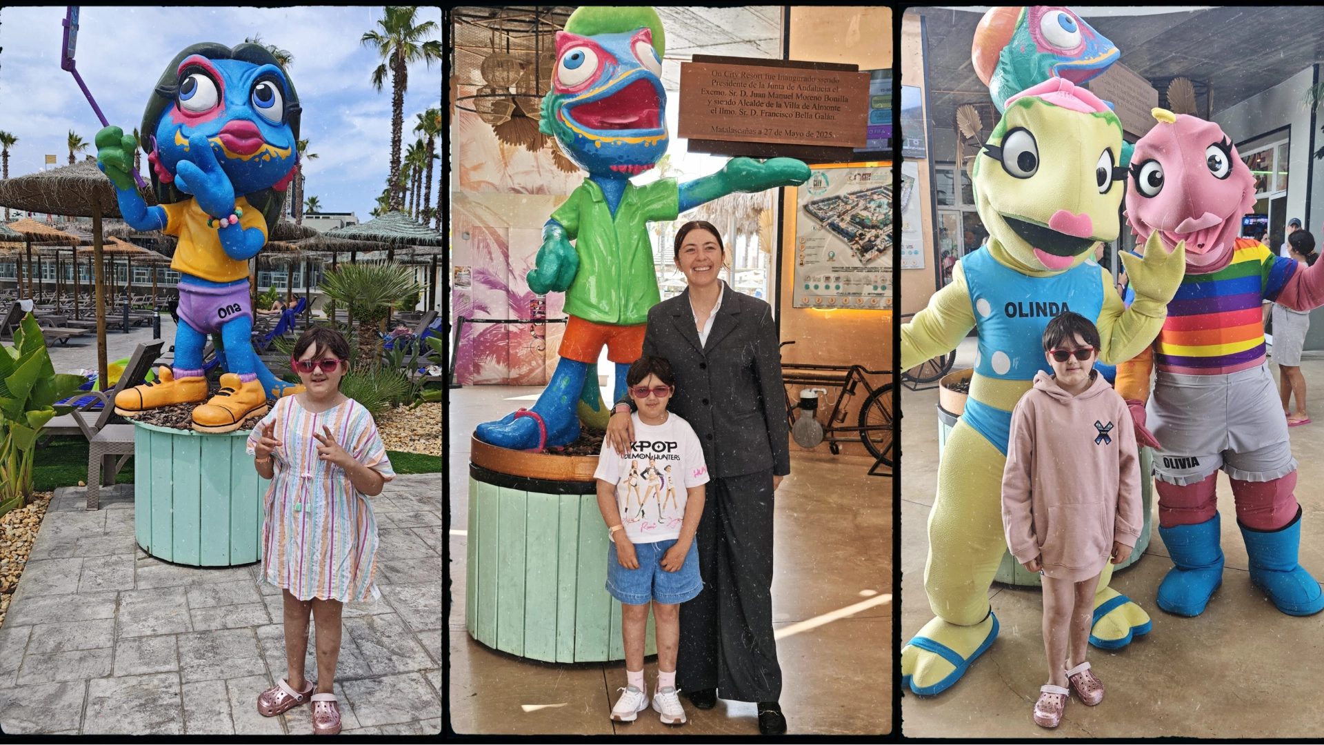 Foto de familias y mascotas de 'Fundación ON Hotels' con estatuas divertidas.