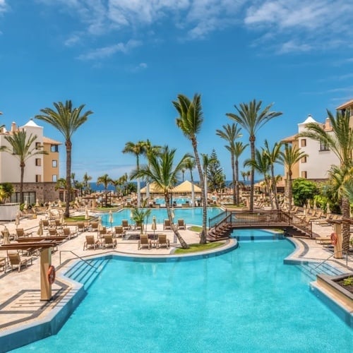 una gran piscina rodeada de palmeras en un resort