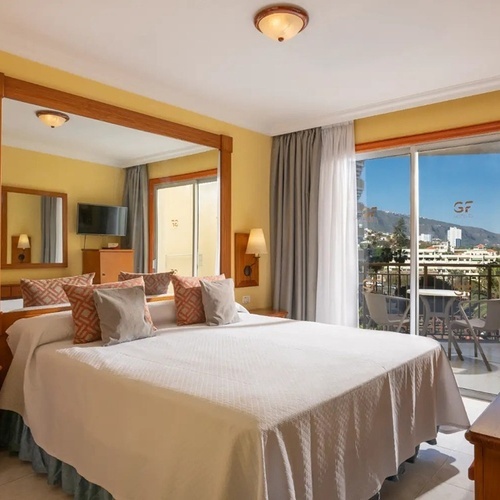 una habitación de hotel con una cama y una televisión