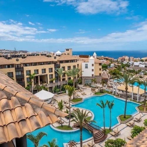 una vista aérea de una gran piscina rodeada de palmeras y edificios