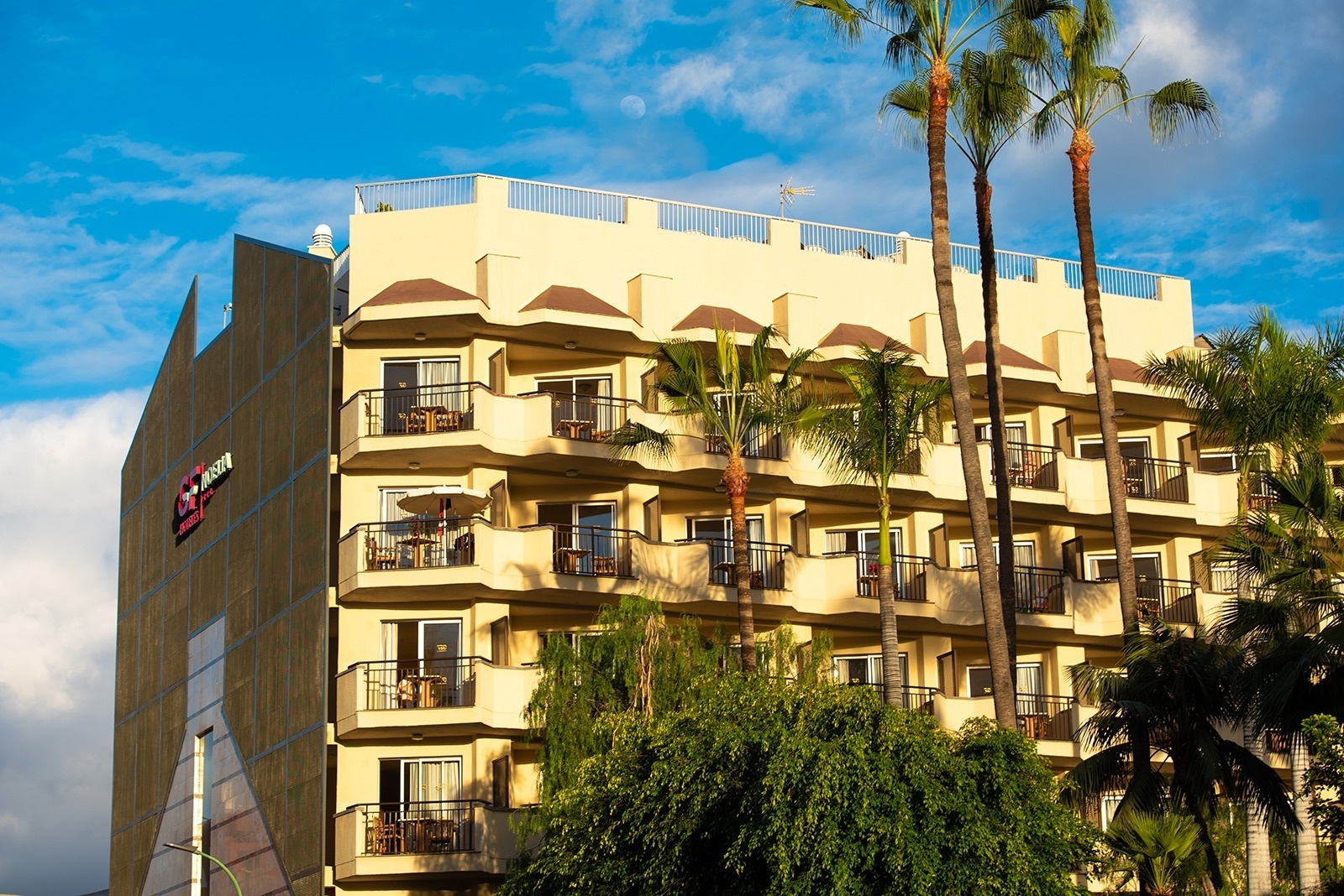 un edificio de apartamentos con balcones y palmeras alrededor