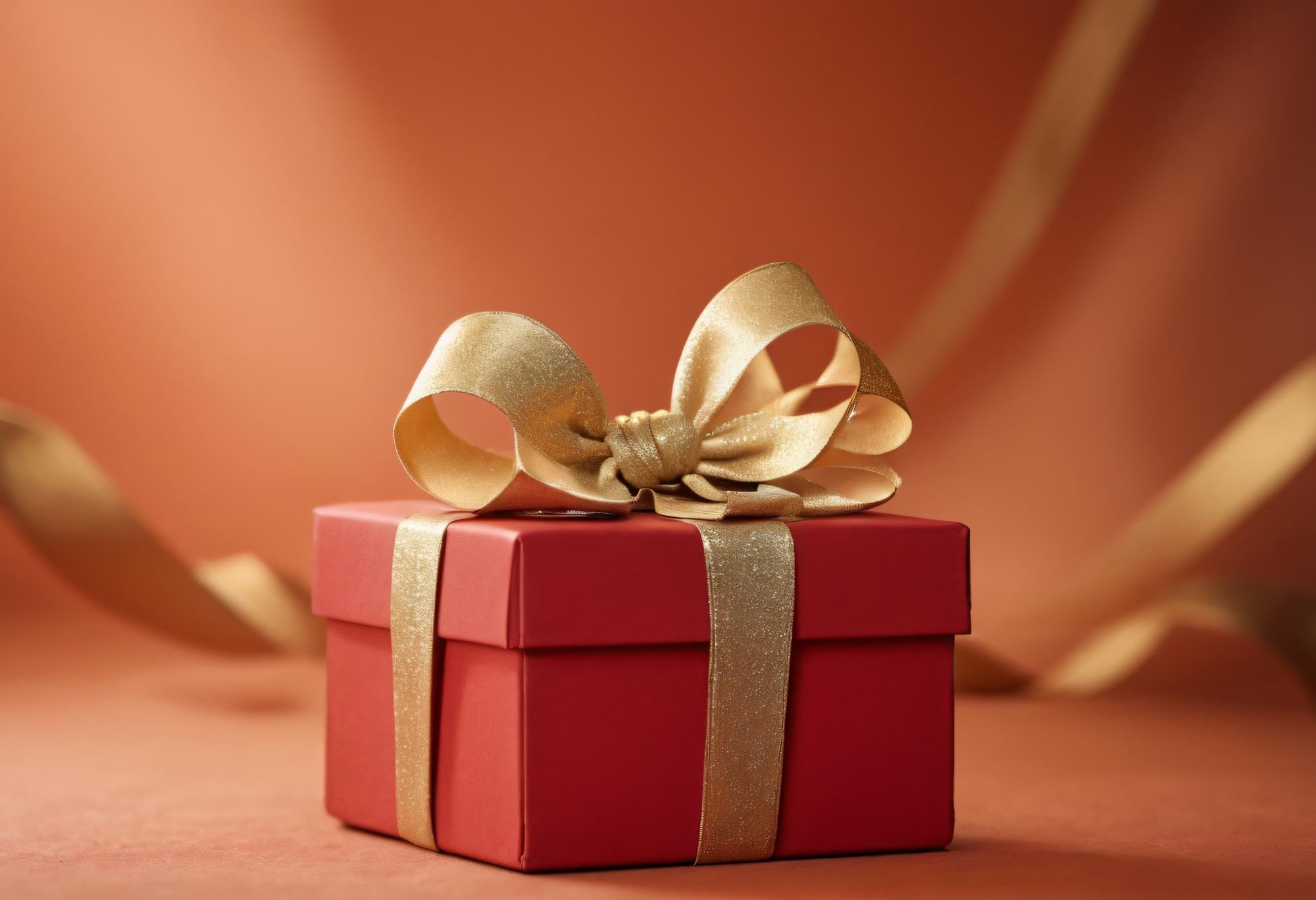 una caja de regalo roja con una cinta dorada y un lazo