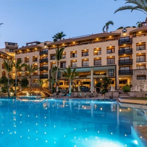 una gran piscina está rodeada de palmeras y edificios