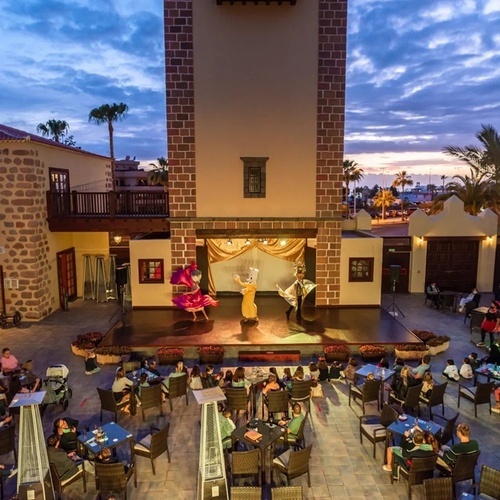 a group of people are sitting at tables watching a show on a stage