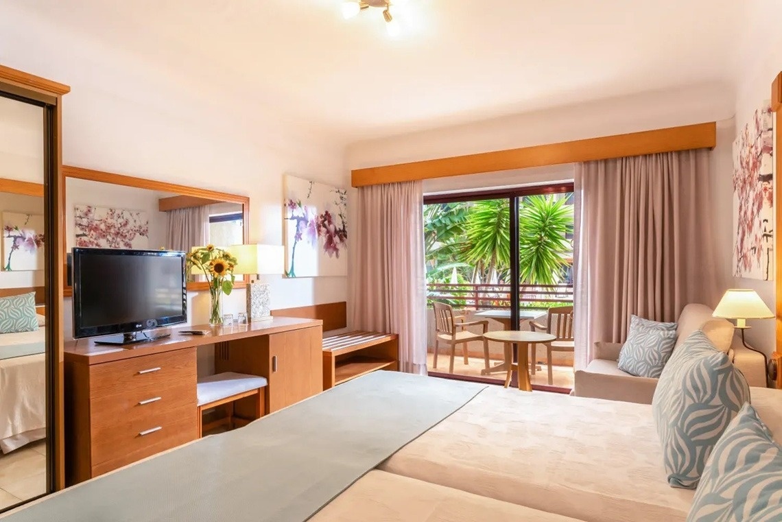 una habitación de hotel con una cama y una televisión