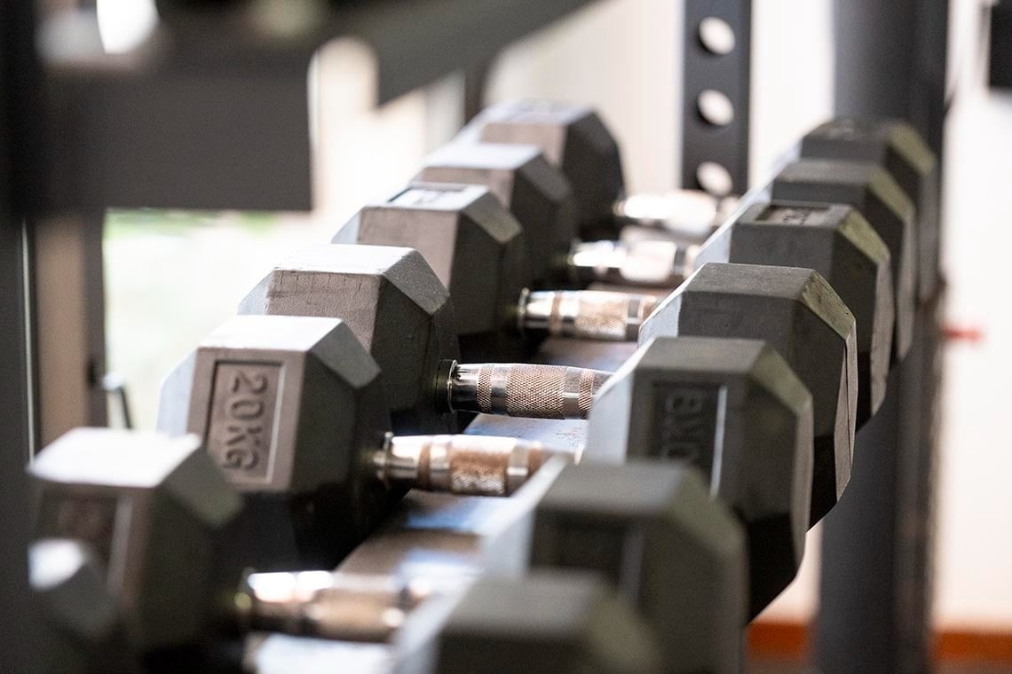 A row of black hexagonal dumbbells with visible knurled handles, including a '20KG' weight, rests on a gym rack.