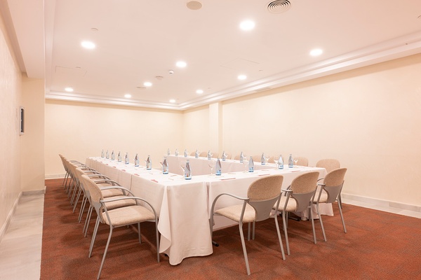 Espacio para eventos corporativos: sala de conferencias con mesa rectangular y sillas.