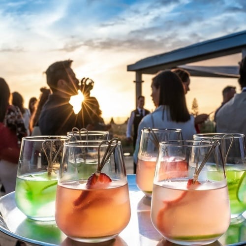 una bandeja de bebidas con un hombre bebiendo en el fondo