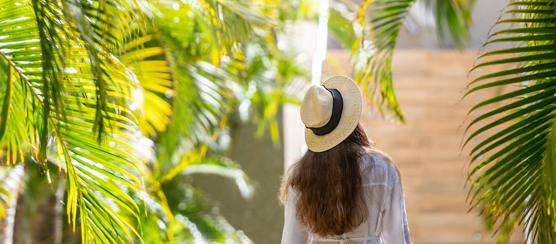 Disfruta de Tarifa No Reembolsable | GF Victoria. Vista de palmeras verdes y mujer con sombrero.