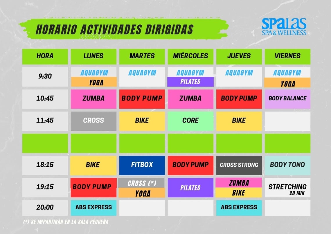 Este es un horario semanal de actividades dirigidas de fitness para Spalas Spa & Wellness, mostrando clases como Aquagym, Yoga, Zumba, Body Pump y otras, organizadas por hora y día de lunes a viernes.