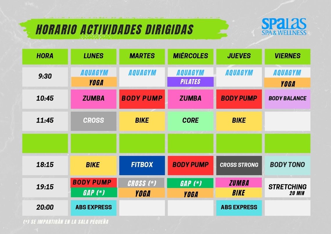 La imagen muestra el horario semanal de actividades dirigidas (clases de fitness) del centro SPALAS SPA & WELLNESS, organizado por días de la semana y horas.