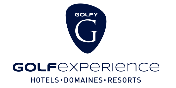 un logo bleu et blanc pour golfy golfexpérience