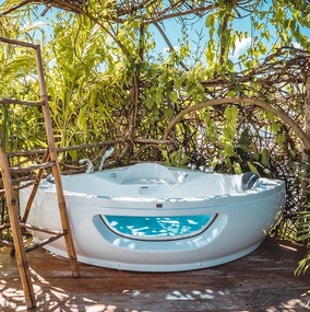 una bañera blanca está rodeada de árboles y plantas