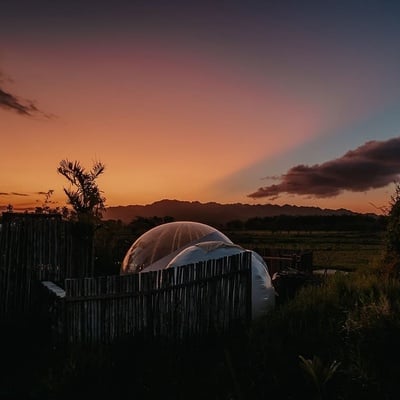 a bubble tent in the middle of a field at sunset