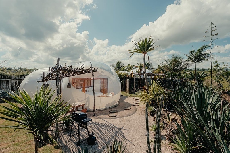 una habitación en una burbuja en medio de un jardín