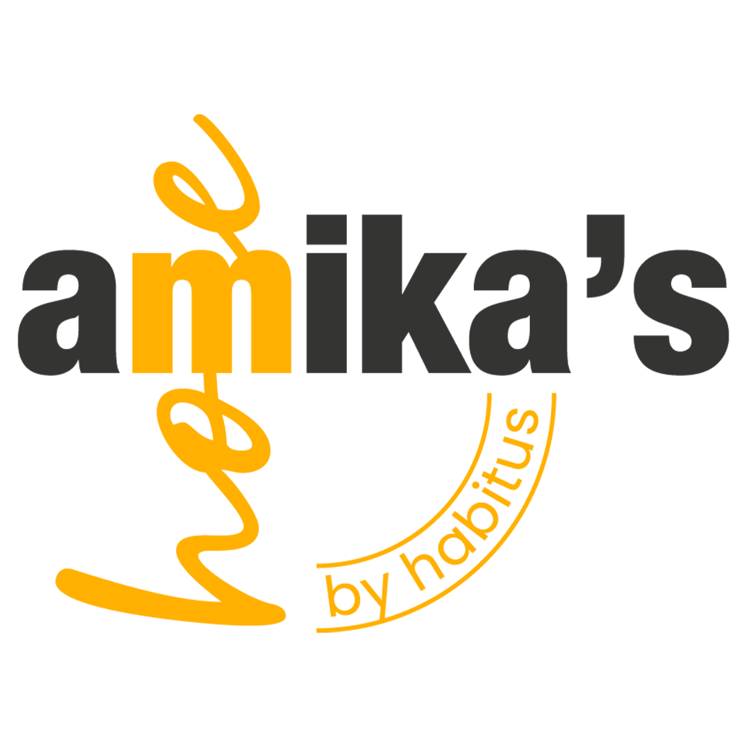 un logotipo de amika 's con una taza de café amarilla