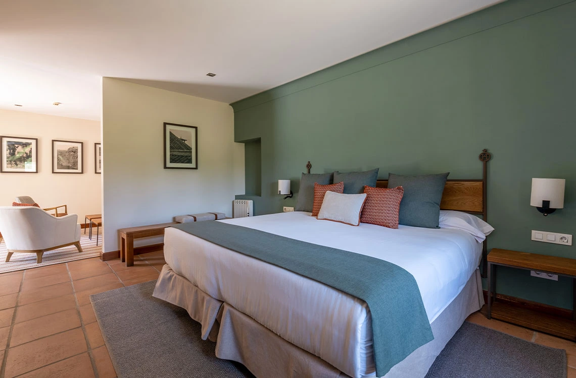 Comfortable King Bed SuiteHacienda Zorita Wine Hotel with green walls, cozy seating area, and terracotta floors.