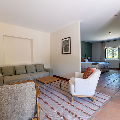 Estudio con salón y cama doble, vista al jardín y decoración moderna. Hacienda Zorita Wine Hotel