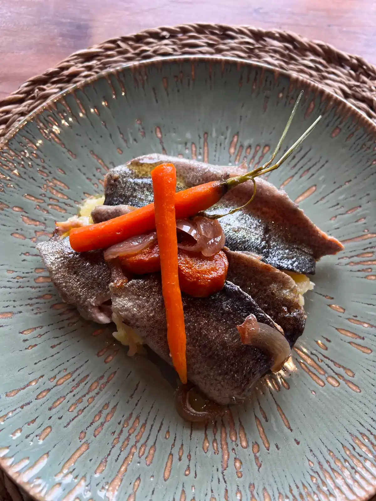 Gourmet fish dish with carrots and onions, served on a rustic plate. Perfect for a Hacienda Zorita Wine Hotel dining experience.