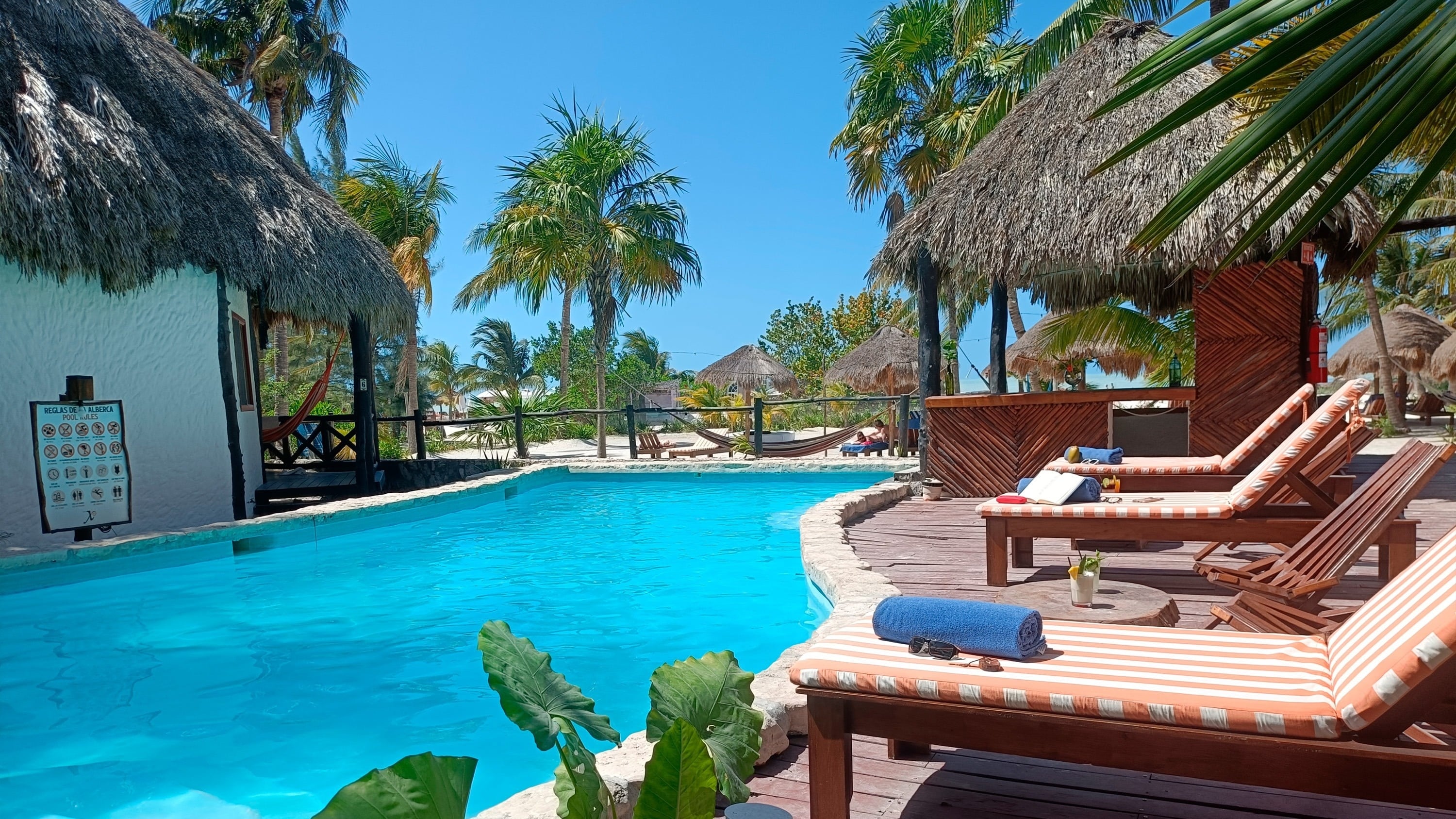 una gran piscina rodeada de palmeras frente a un hotel