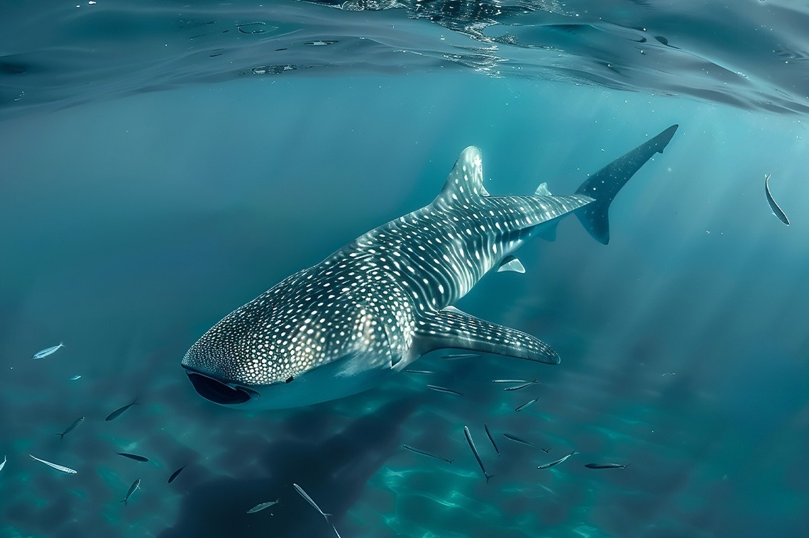 Tiburon ballena bajo el agua en la Isla de Holdox