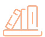 Un icono lineal de color melocotón muestra dos libros sobre una base, con uno inclinado y otro en posición vertical, sugiriendo un estante o sujeta libros.