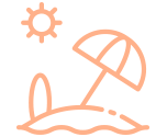 Es un ícono de playa que muestra un sol, una sombrilla y una tabla de surf sobre la arena.