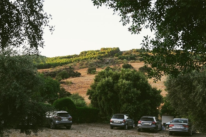 An orange lifebuoy with a coiled rope hangs prominently in the foreground, overlooking a sunny swimming pool lined with sun loungers and straw umbrellas, with natural hills visible in the background.