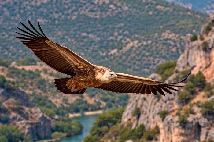 Buitre leonado majestuoso planeando sobre montañas rocosas y río azul.