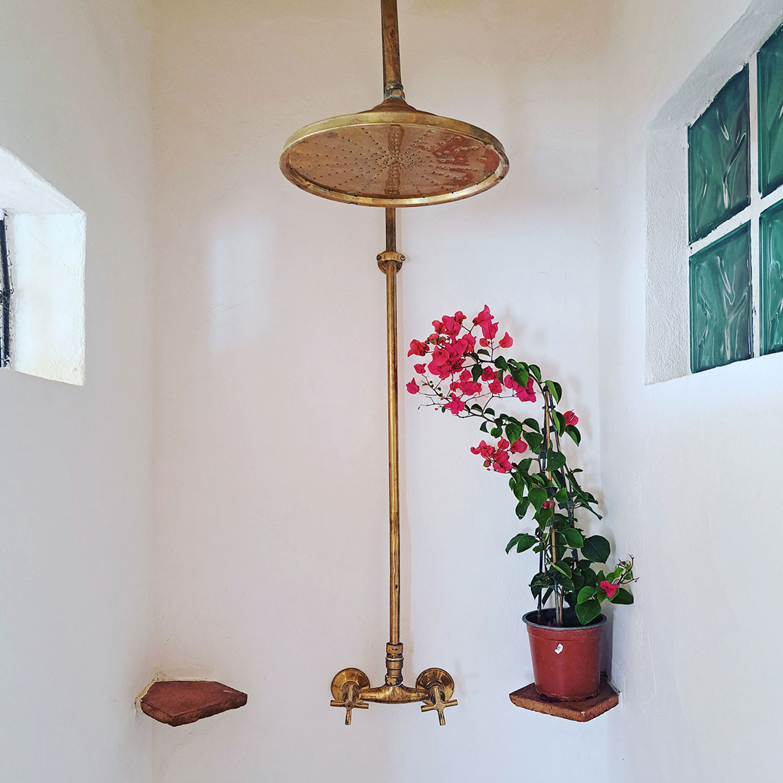 Chuveiro vintage dourado com vaso de bougainvillea rosa em um banheiro claro com janela=Horta de Bufenha.