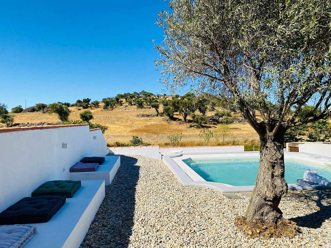 Piscina deHorta de Bufenha com paisagem rural e oliveiras, um refúgio sereno.