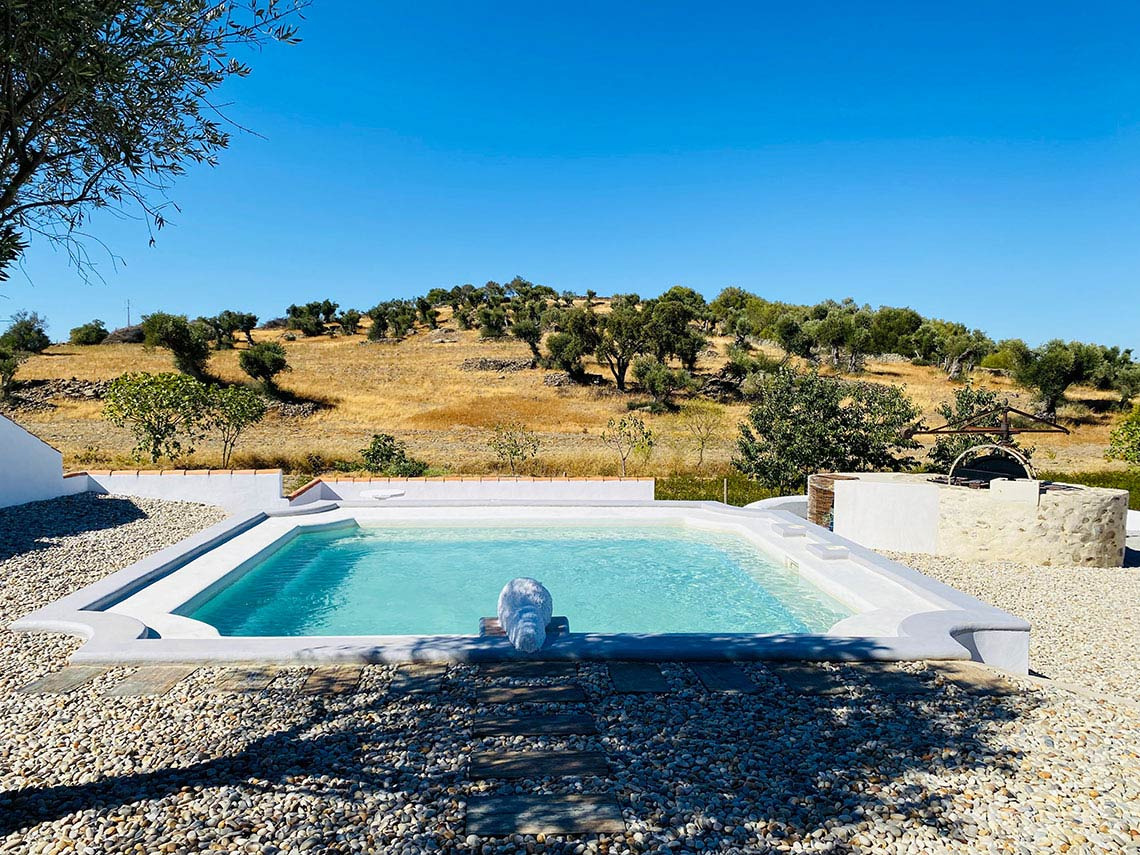 Piscina convidativa num hotel rural com vista para oliveiras e colinas, ideal para Horta de Bufenha.