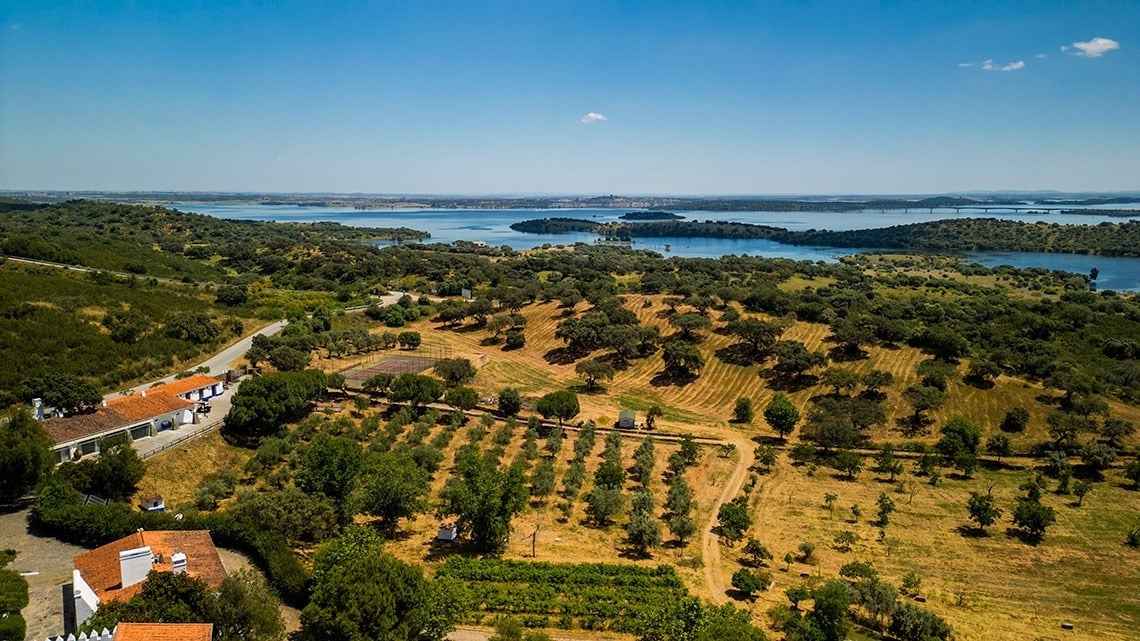 Aerial view of a hotel resort with orchards and a lake, perfect for Horta da Moura.