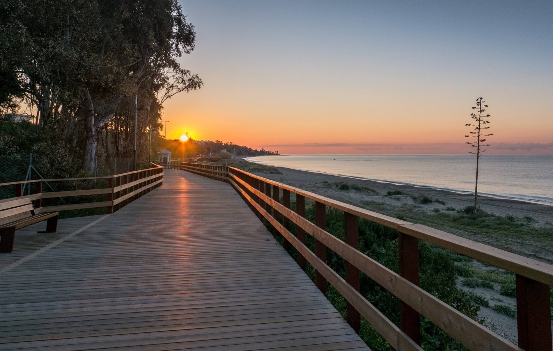 a wooden walkway leading to the beach at sunset