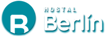 un logotipo azul y blanco para hostal berlin