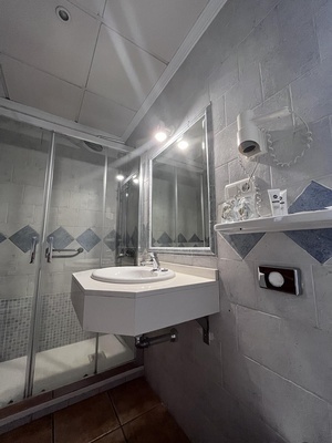 a bathroom with a sink a mirror and a hair dryer