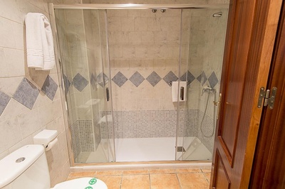 un baño con inodoro y ducha con puerta corrediza de vidrio