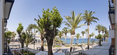una vista de palmeras y el océano desde un balcón