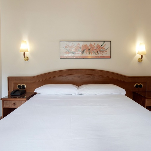 una habitación con una cama y una pintura en la pared